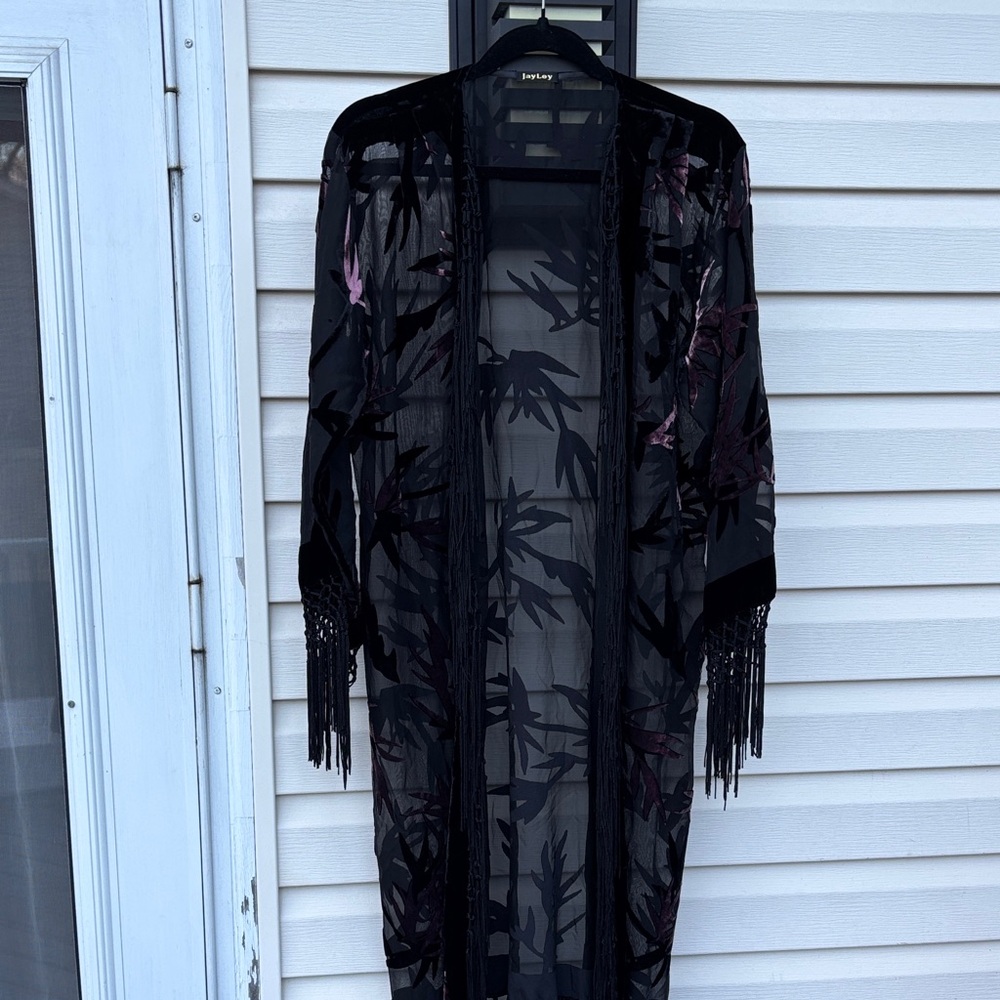 JayLey Ladies Silk Black Fringe Sheer Pink Velvet Top Boho Kimono Cardigan